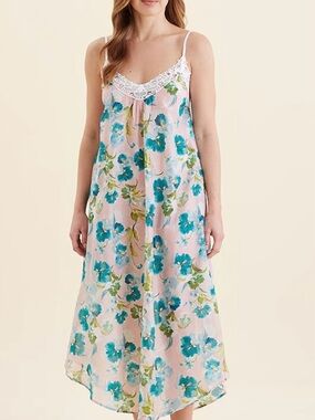 Audrey Floral Lace Trim Nightgown Teal Blooms Silk and Cotton Blend